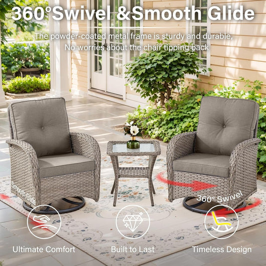 Swivel Patio Chairs Wicker Set - Outdoor Swivel Rocker Chair with Side Table, 3 Piece Patio Glider Chairs Furniture Set with Water-Resistant Cushions for Deck Porch Sunroom Gray-1