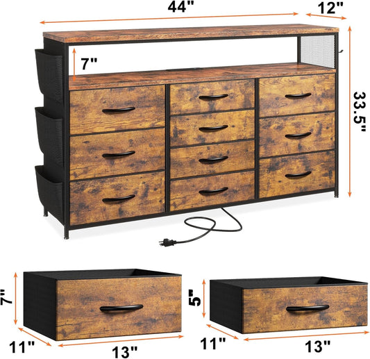 Dresser TV Stand with 10 Drawers for 55" TV Stand for Bedroom with LED Lights & Power Outlets Wide Dresser for Bedroom with Shelves & Side Pockets Sturdy Metal Frame & Wood Top, Rustic Brown-1