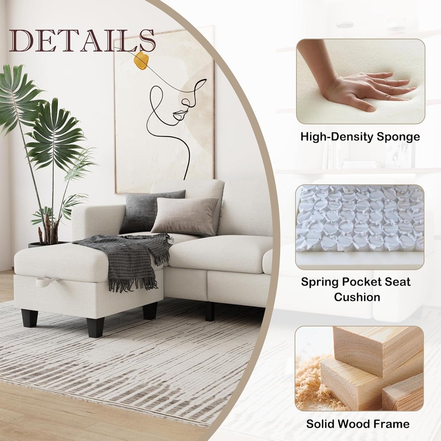 Couch for Living Room - Small Space Couches Sectional L-Shaped Sofa, 3 Seat Modern Couch, Sofas Convertible with Storage Ottoman for Small Space, Bedroom, Offices and Apartments - Beige-3