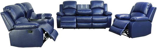 3 PCS Faux Leather Recliner Couch Set, Living Room Set, Sofa, Loveseat, Chair (Blue)-1