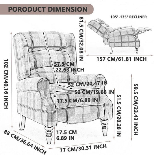 Upholstered Wingback Recliner Chair, Plaid Recliner Chair Armchair Adjustable Footrest Push Back Reclining Sofa, Mid-Century Modern Lounge Armchair for Living Room, Bedroom, Reading - Blue-1