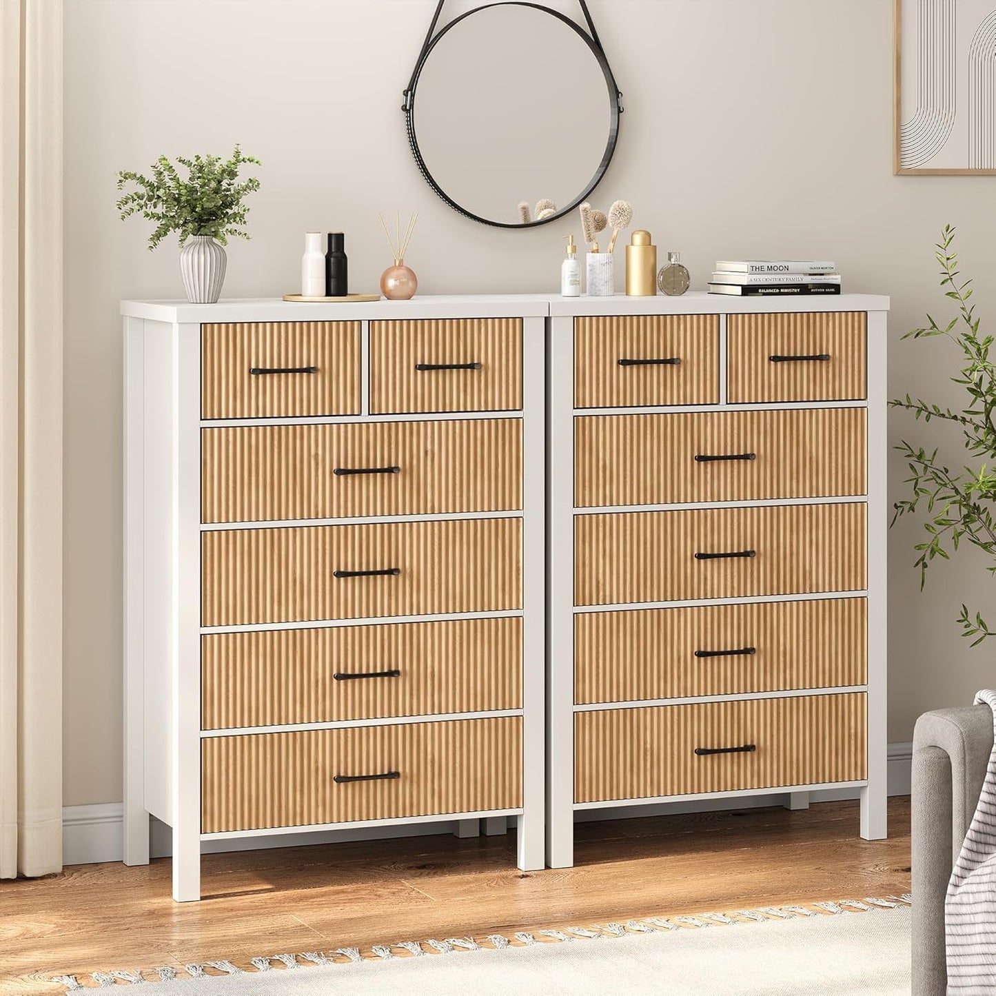 White 6 Drawer Fluted Dresser with Wood Legs-0