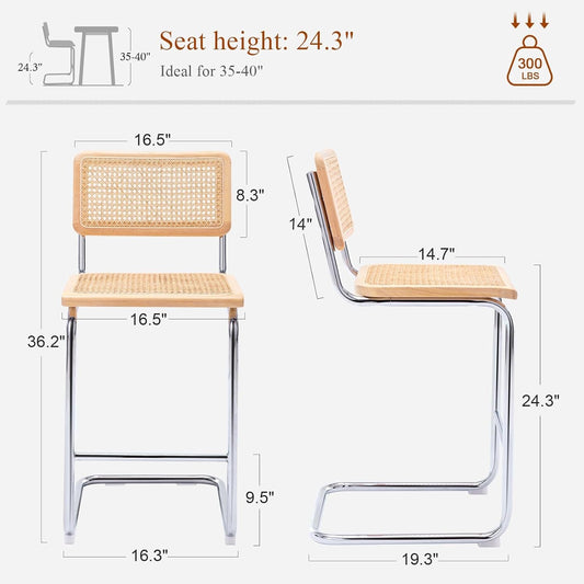 Rattan Bar Stools Set of 4, 24 Inch Modern Counter Stools with Cane Back, Low Back Barstools with Cane Seat, Counter Height Chairs with Metal Legs for Kitchen Island, Yellow-1