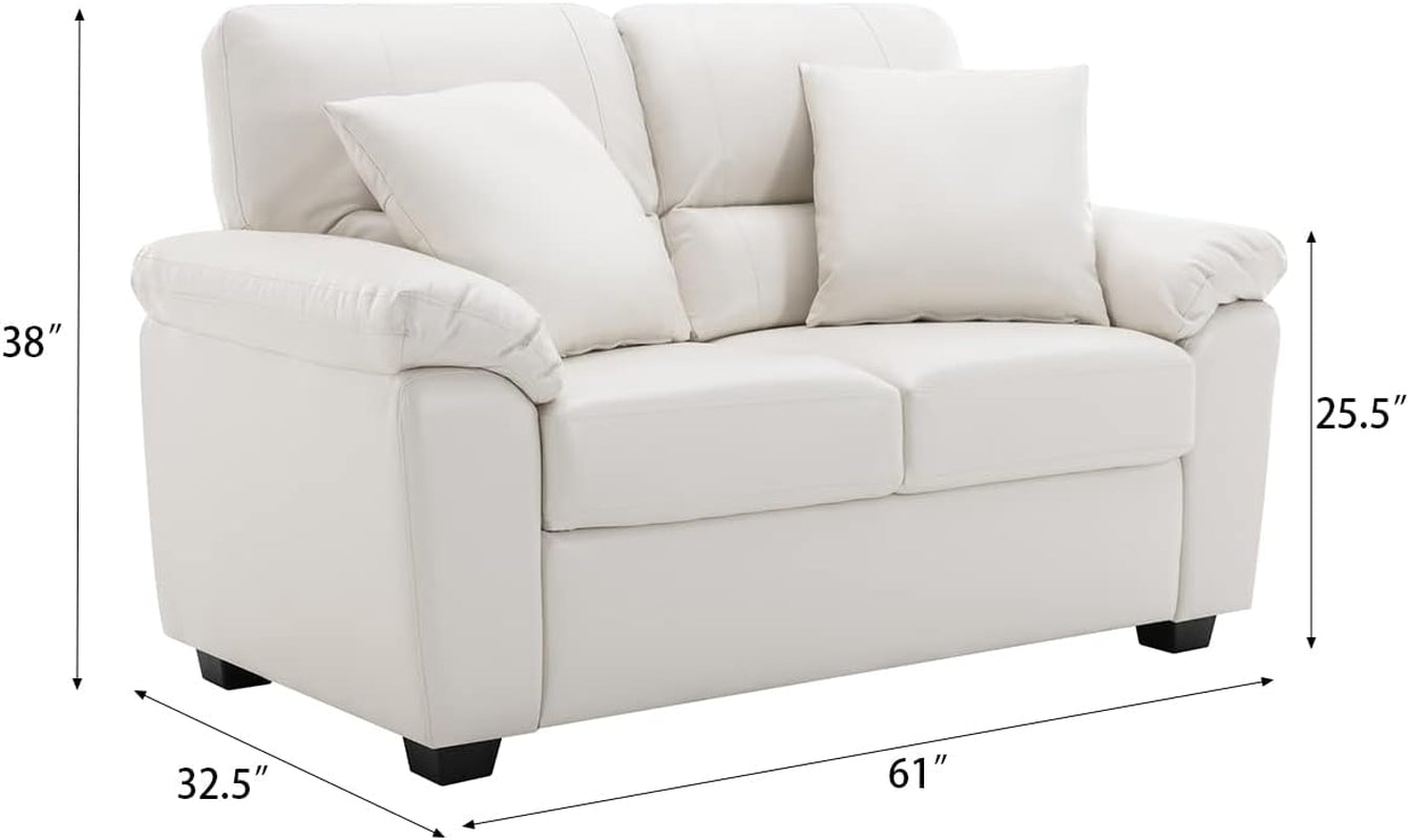 White Leather Sofa and Loveseat Chair Set, Modern Luxury and Comfy Furniture Sleeper Couches for Living Room, Apartment, Office, Lounge Room-3