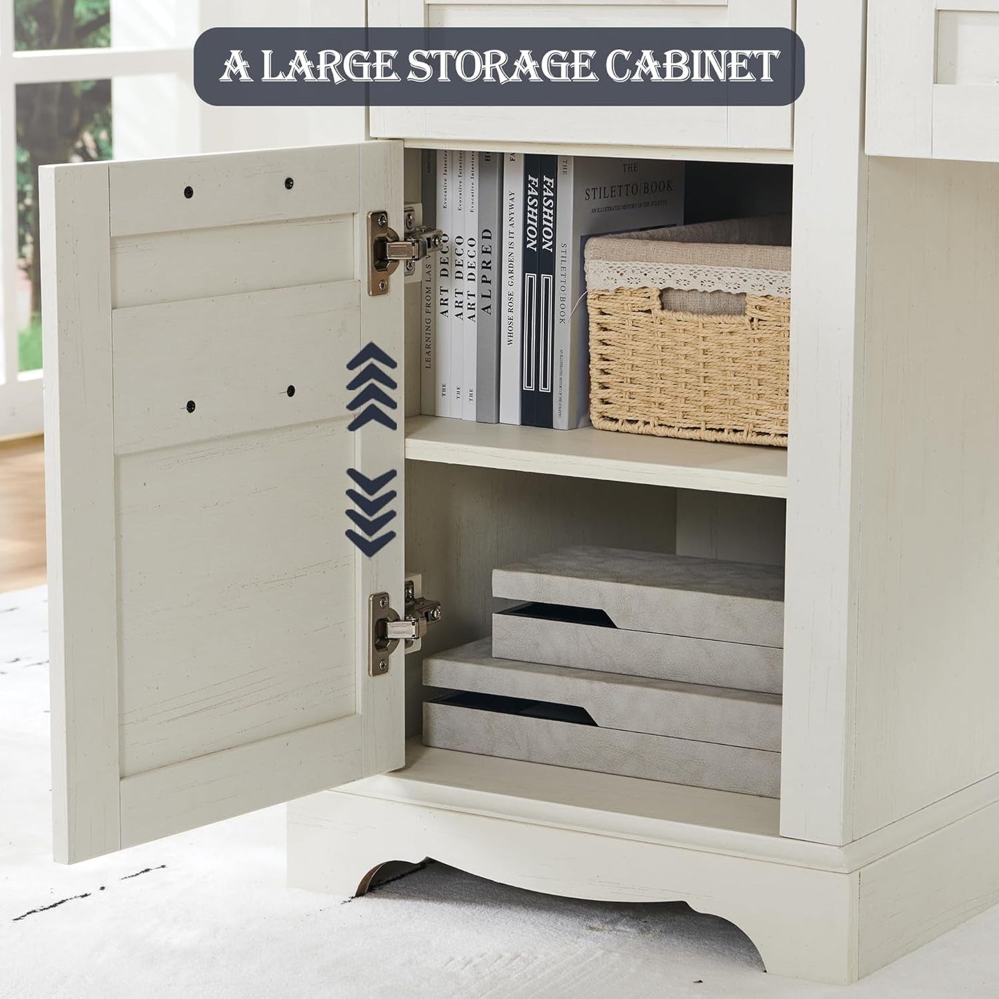 60" Farmhouse L Shaped Executive Desk with Drawers, Wood Home Office Corner Desk with Charging Station, File Drawer, Storage Cabinet, Rustic Computer Writing Desk (Antique White)-4