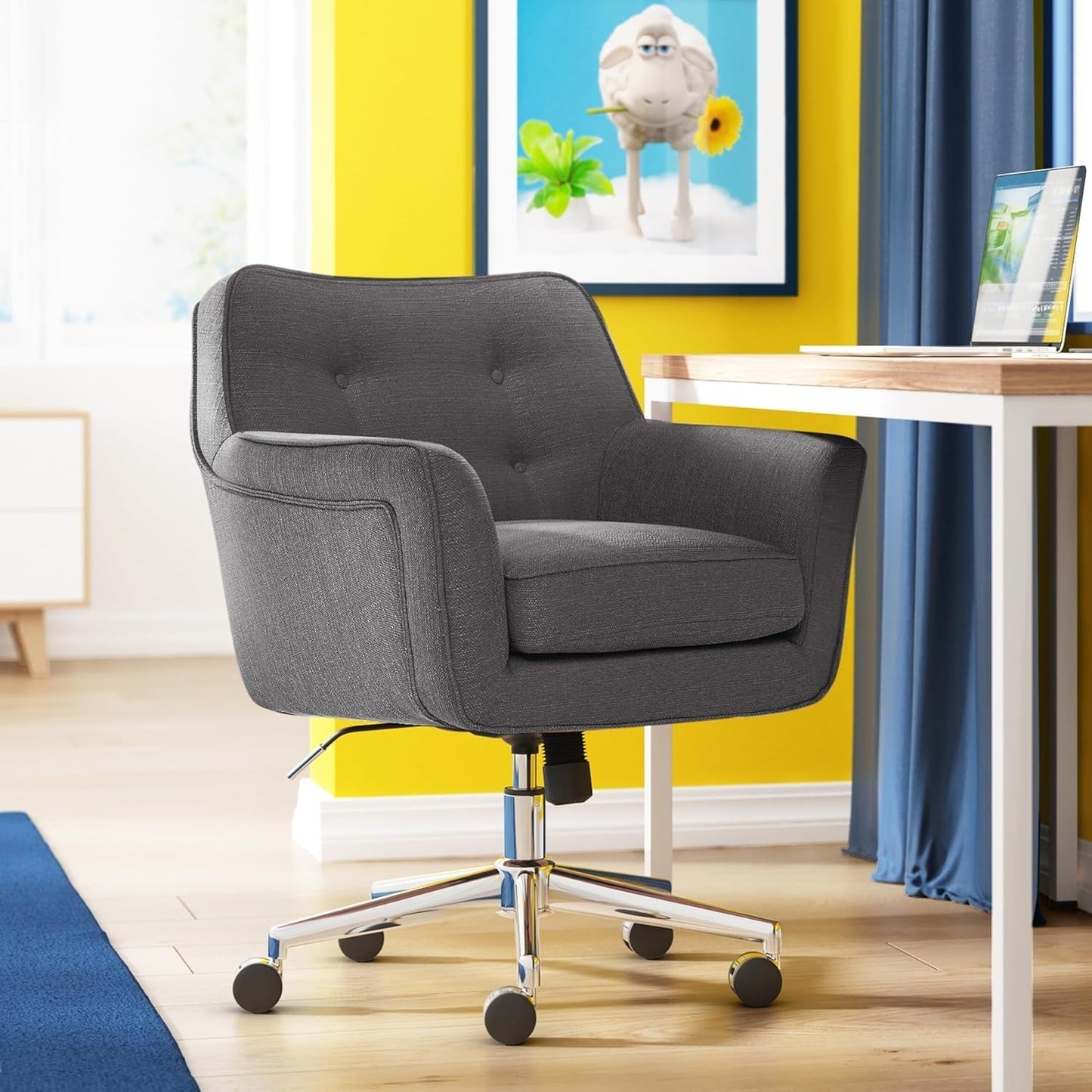 Ashland Home Office Desk Chair with Button Tufted Mid-Back, Memory Foam Cushion and Padded Arms, Mid Century Modern Vanity Armchair with Wheels for Bedroom, Chrome Metal Base, Dark Gray-1