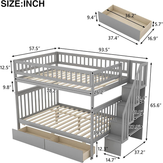 Full over Full Bunk Beds with 2 Storage Drawers and Stairways, Wood Bunk Bed Frame with Storage Shelf for Kids, Teens, Adults, Dorm, Bedroom Furniture (Grey)-1