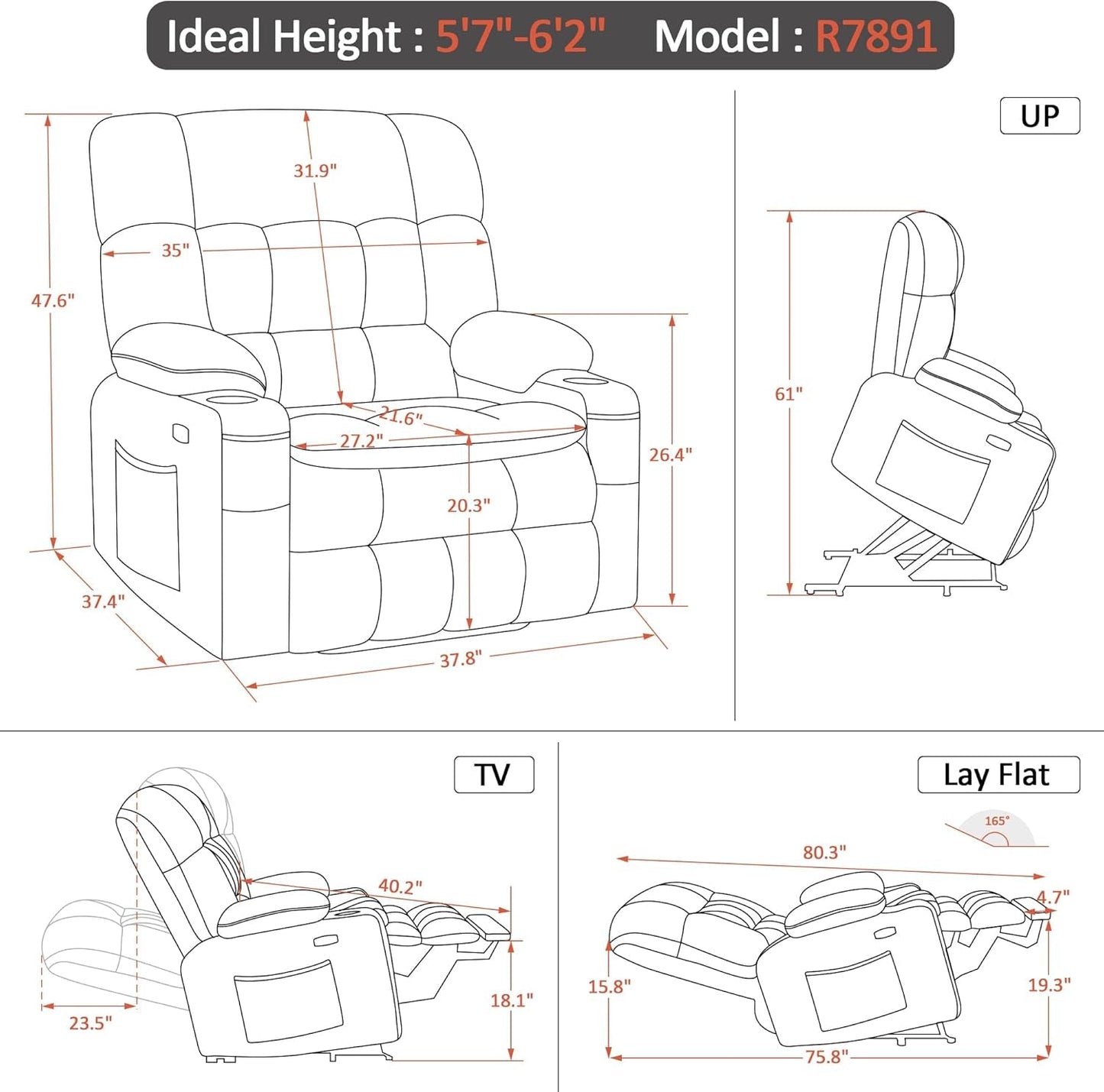 Dark Grey Wide Power Lift Recliner Massage, Heat, USB-2