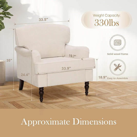 3 Piece Living Room Furniture Set, 1 Loveseat & 2 Accent Chairs, Linen Fabric Comfy Sectional Sofa Couch for Living Room, Bedroom, Off-White-1