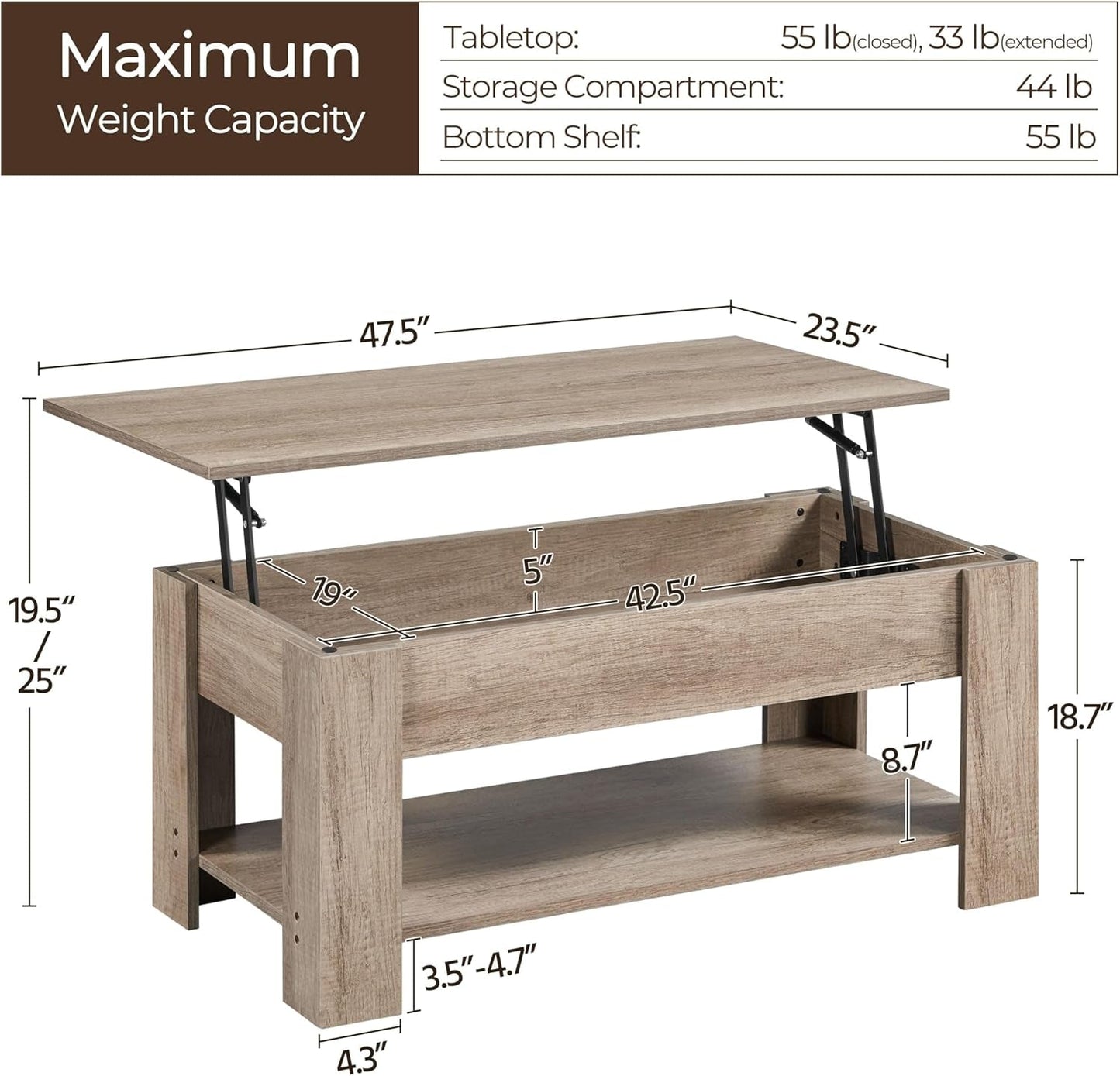Lift Top Coffee Table with Hidden Compartment and Storage Shelf, Rising Tabletop Dining Table for Living Room Reception Room, 38.6In L, Grey-2