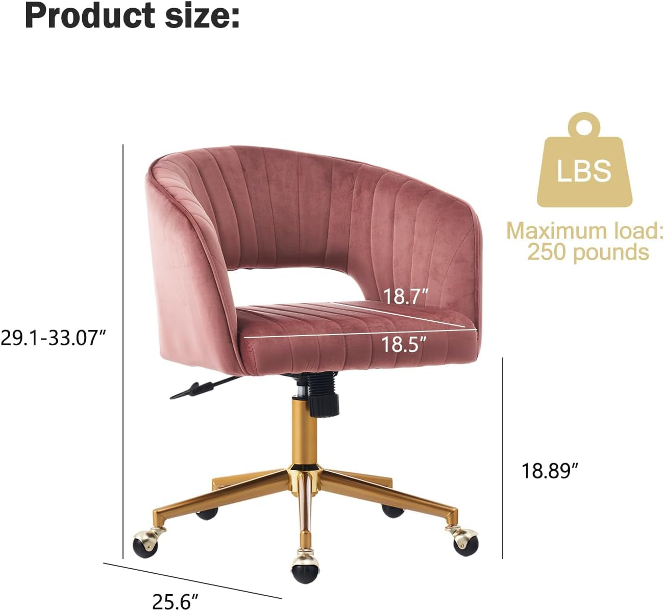 Velvet Office Desk Chair, Upholstered Home Office Desk Chairs with Adjustable Swivel Wheels, Ergonomic Office Chair for Living Room, Bedroom, Office, Vanity Study (Rose)-2
