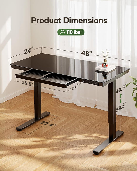 Glass Standing Desk with Drawer, 48 X 24 Inch Electric Standing Desk, Height Adjustable Desk with One-Piece Tabletop & USB Charging Ports, Sit Stand Desk with Storage for Home & Office Black-1