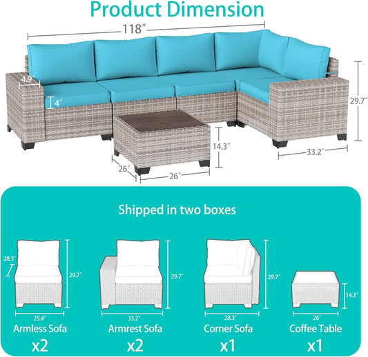 6-Piece Outdoor Patio Furniture Set Wicker Sectional Sofa Set, Patio Conversation Set with Thickened Cushions & Coffee Table for Garden, Backyard, Poolside, Turquoise-1