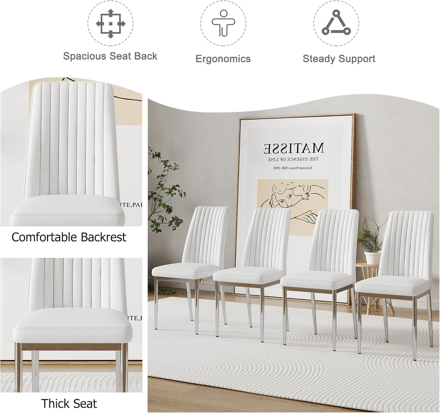 White Leather Chair, Modern Dining Chair Set of 4 with PU Leather and Chrome Leg, Sillas De Comedor with High Back for Dining Room, Kitchen, Living Room (WH-4)-3