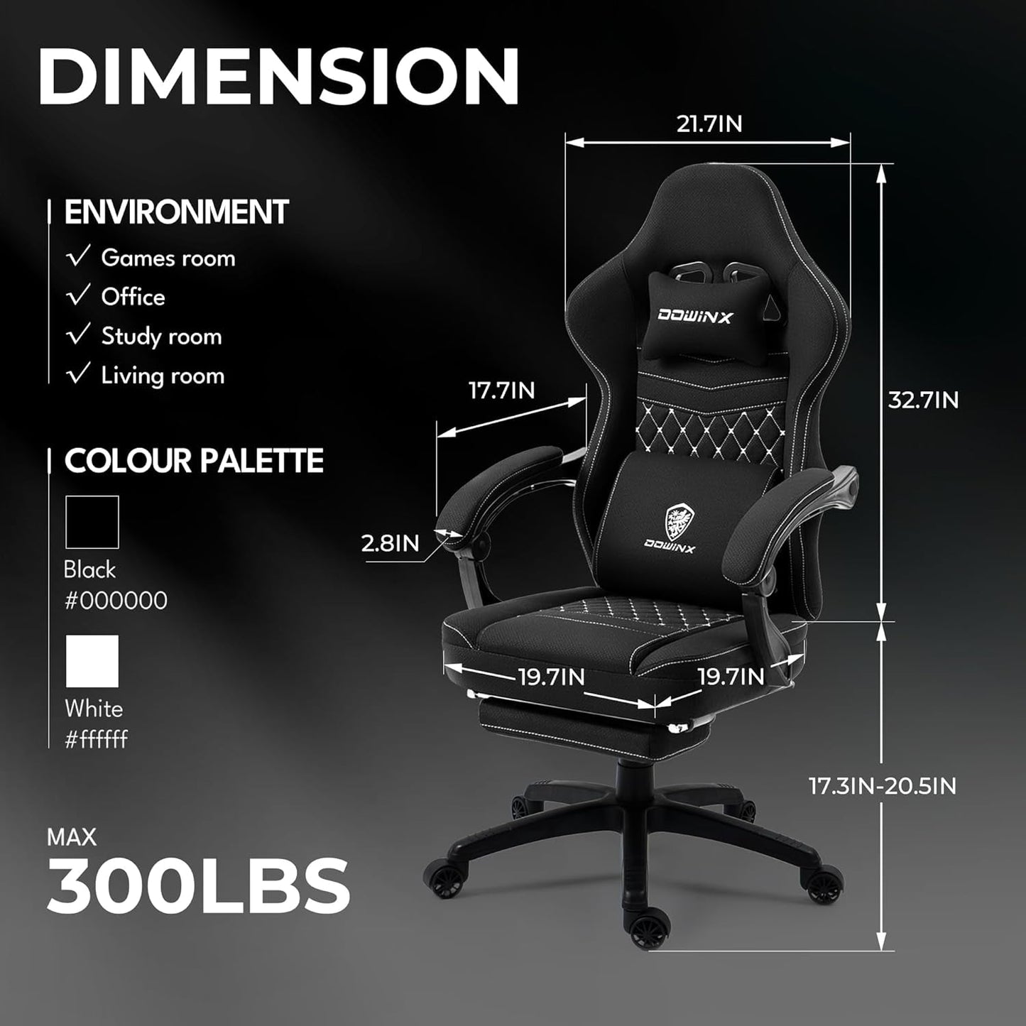 Gaming Chair Breathable Fabric Computer Chair with Pocket Spring Cushion, Comfortable Office Chair with Gel Pad and Storage Bag,Massage Game Chair with Footrest,Black-2