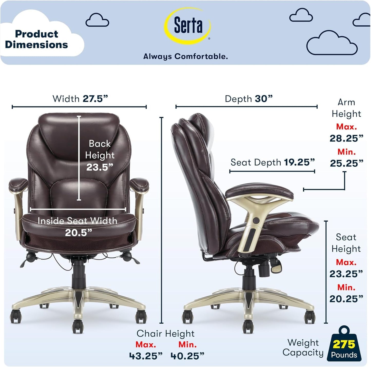 Claremont Ergonomic Executive Office Chair with Back in Motion Technology, Adjustable Mid Back Desk Chair with Lumbar Support, Bonded Leather, Chestnut Brown-2