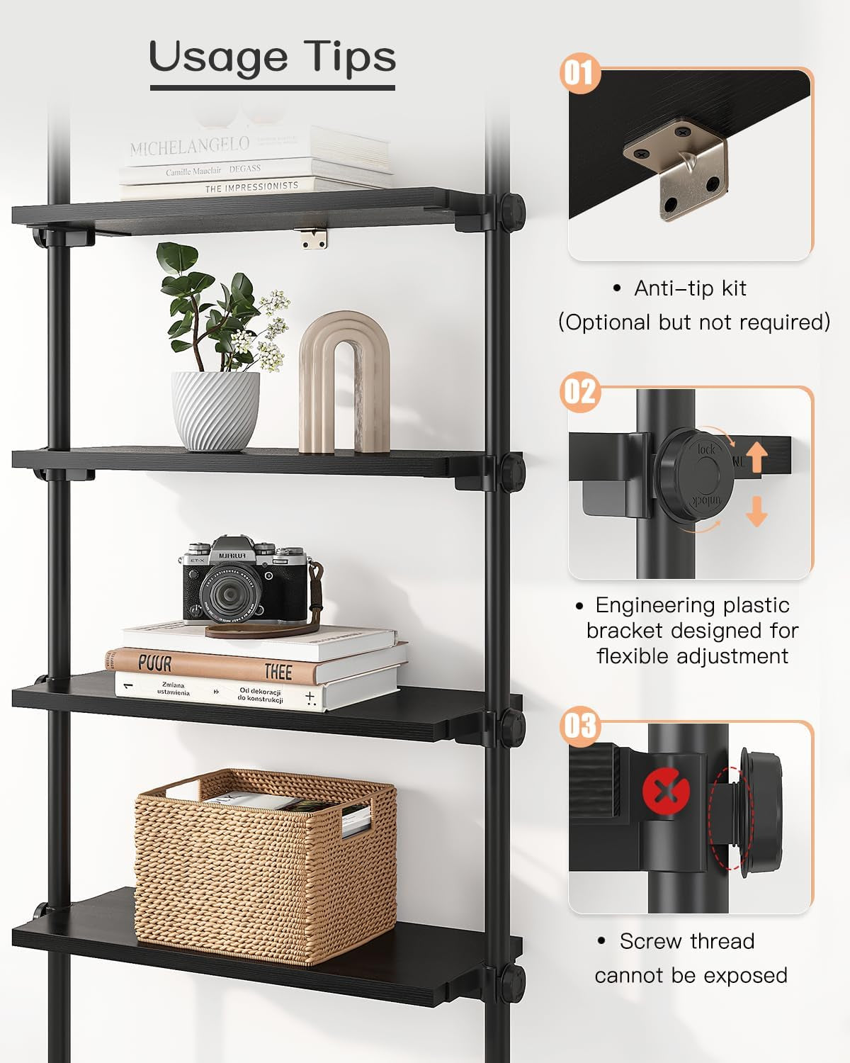 5 Tiers Narrow Bookshelf, Tall Adjustable Ladder Book Shelf with Open Storage, Floor to Ceiling Tension Mount, Wooden Industrial Bookcase for Living Room, 92 to 116 Inch, Black-3