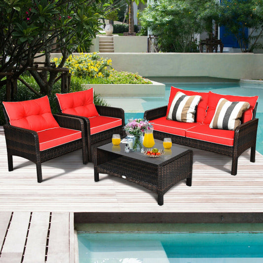 4 Pieces Patio Rattan Sofa Set Free-Combination with Cushion and Coffee Table-1