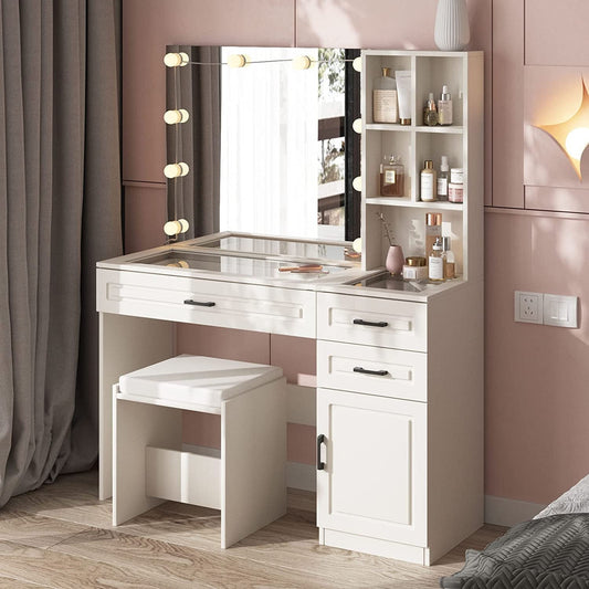 White Vanity Desk with Lighted Mirror-1