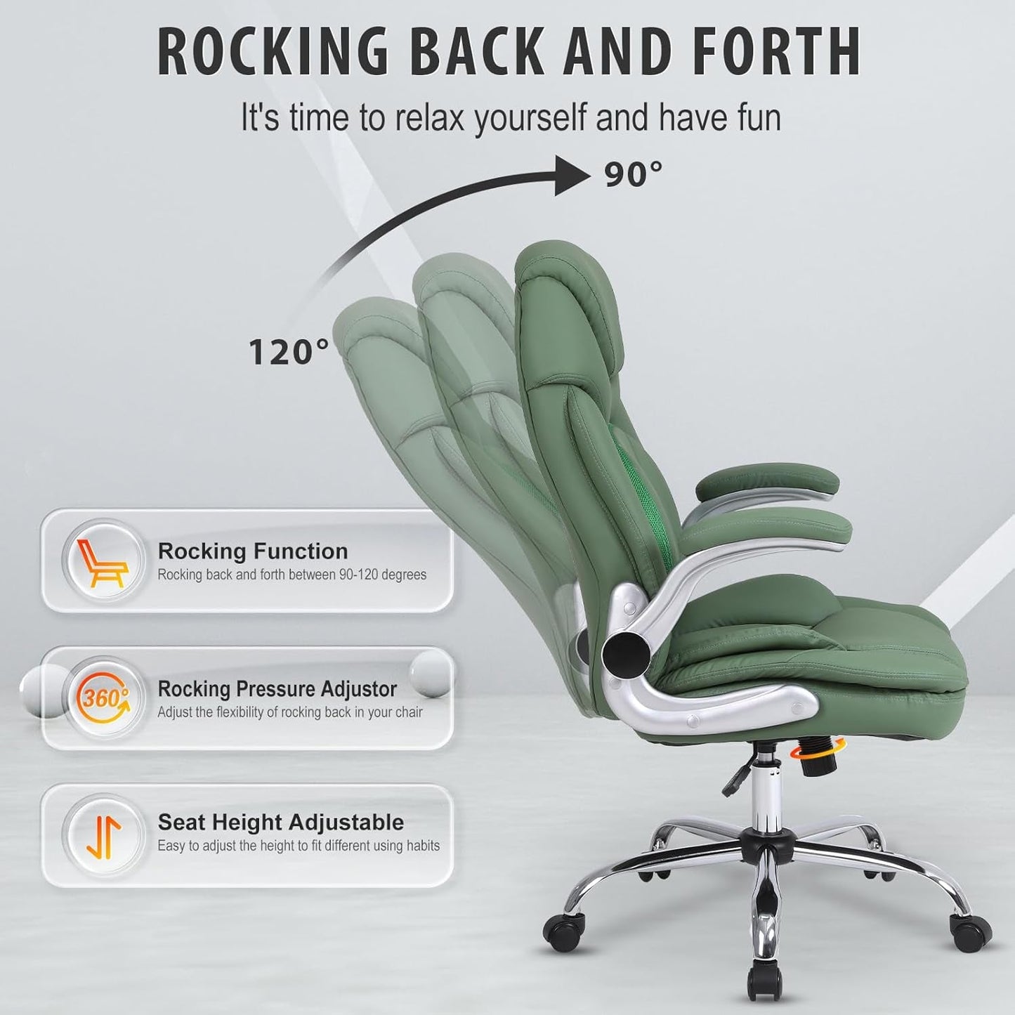 Modern Executive Office Chairs with Lumbar Support, 90-120° Rocking Managerial Chair Ergonomic PU Leather Home Office Desk Chairs with Wheels, Flip-Up Arms & Back Support (Green)-4