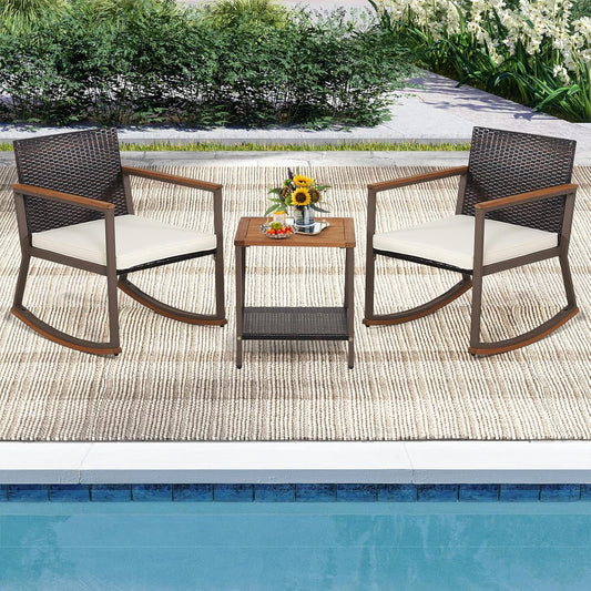 3 Pieces Rocking Bistro Set, Outdoor Rocker Chair with Coffee Table & Cushions, Patio Rattan Furniture Conversation Set for Balcony Porch Poolside (Off White)-1