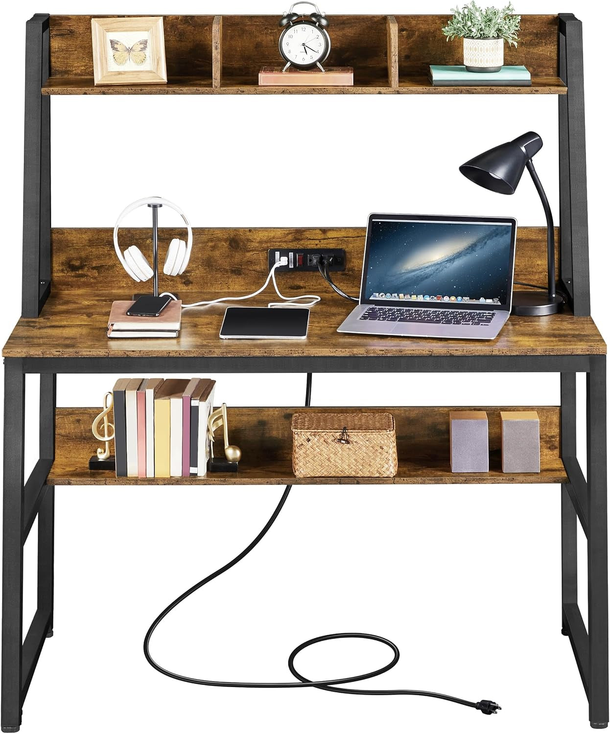 47 in Modern Computer Desk with Power Outlets and 2 USB Ports, Home Office Study Writing Desk with Hutch and Bookshelf, Large Workstation Gaming Table with Charging Station, Rustic Brown-0