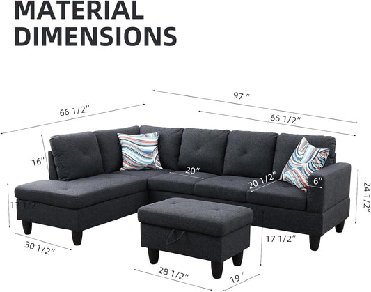 L Shaped Sectional Couch with Storage Ottoman, Modern Nailhead Comfy Lounge Sofa with Reversible Cup Holder & Chaise, 97" 4 Seat Modular Sofá for Living Room Apartment, Amaranth-1