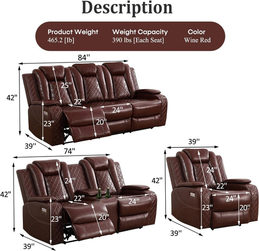 Power Recliner Sofa Set with LED Lights,Leather Reclining Sofa with USB Port/Wireless Charger/Storage Console/Cup Holder,Living Room Furniture for House/Home Theater(3 Piece Set,Wine Red)-1