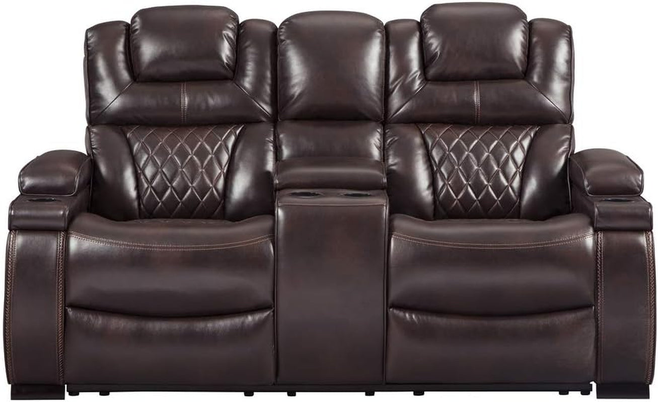 Warnerton Faux Leather Power Reclining Loveseat with Center Console, Brown-3