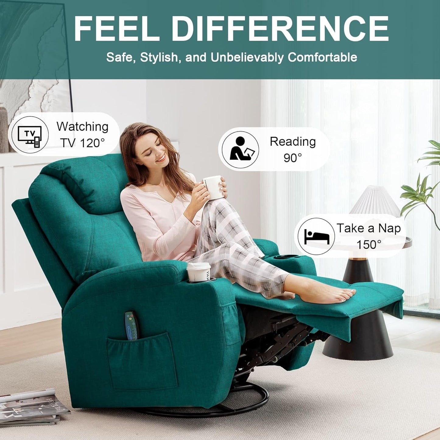 Recliner Chair, Rocking Recliner Chair for Adults with Massage and Heat, Swivel Rocker Recliner Chair with Remote and Cup Holder, Cashmere Manual Recliner for Nursery, Living Room, Green-3