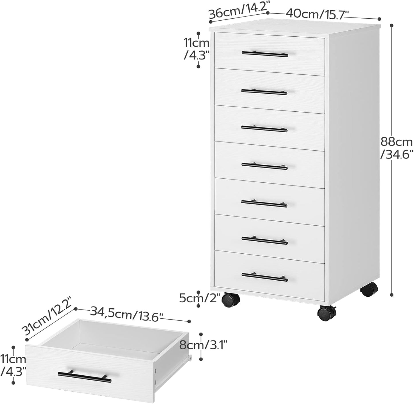 7-Drawer Chest, File Cabinet, Wooden File Cabinet, Office Cabinet with Drawers, Storage Cabinet, for Home Office, Study, Easy Assembly, White WT07WJ01-2