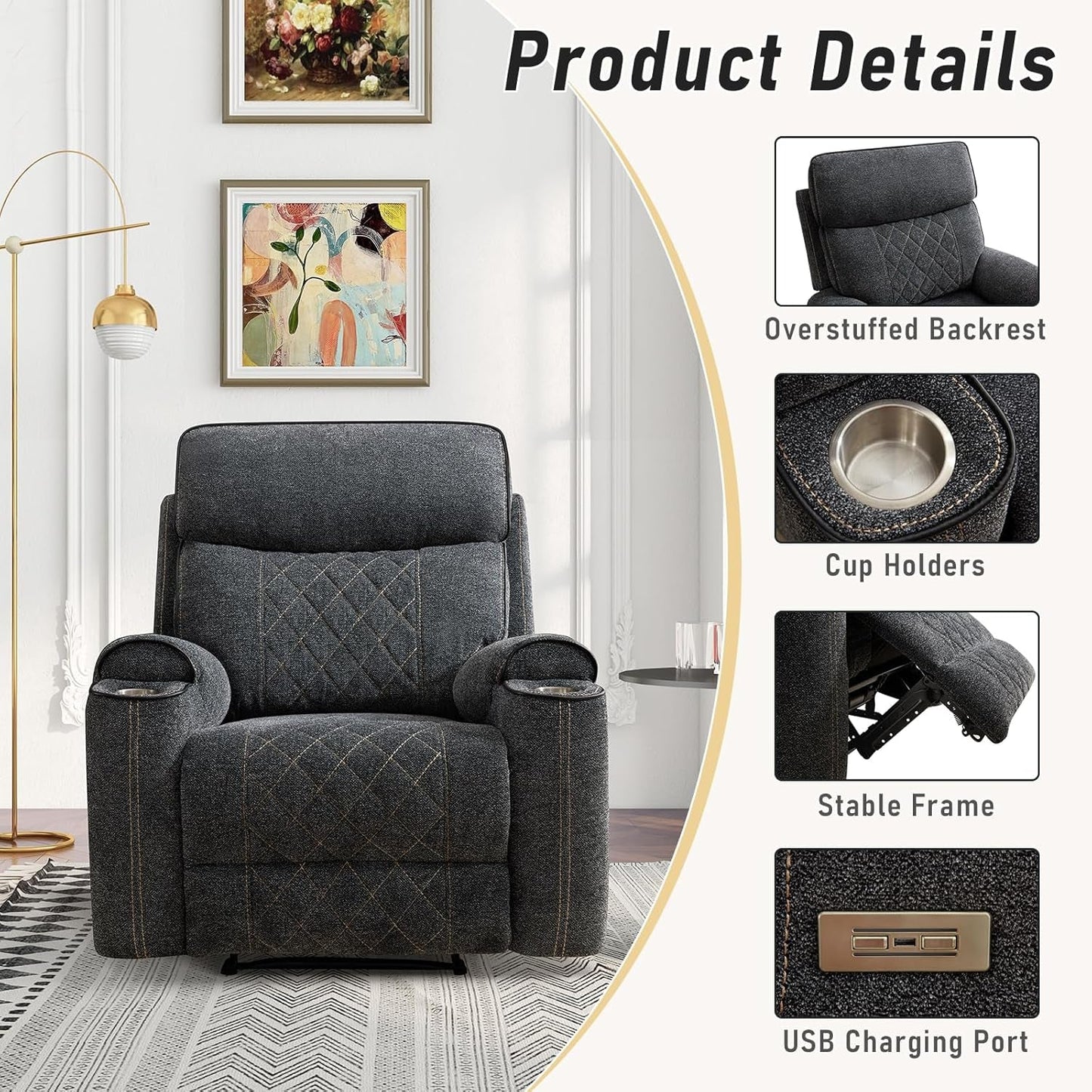 Electric Recliner Chair, Soft Fabric Power Recliners with Metal Cup Holders, Single Overstuffed Heavy Duty Reclining Sofa Chairs for Living Room Bedroom-3
