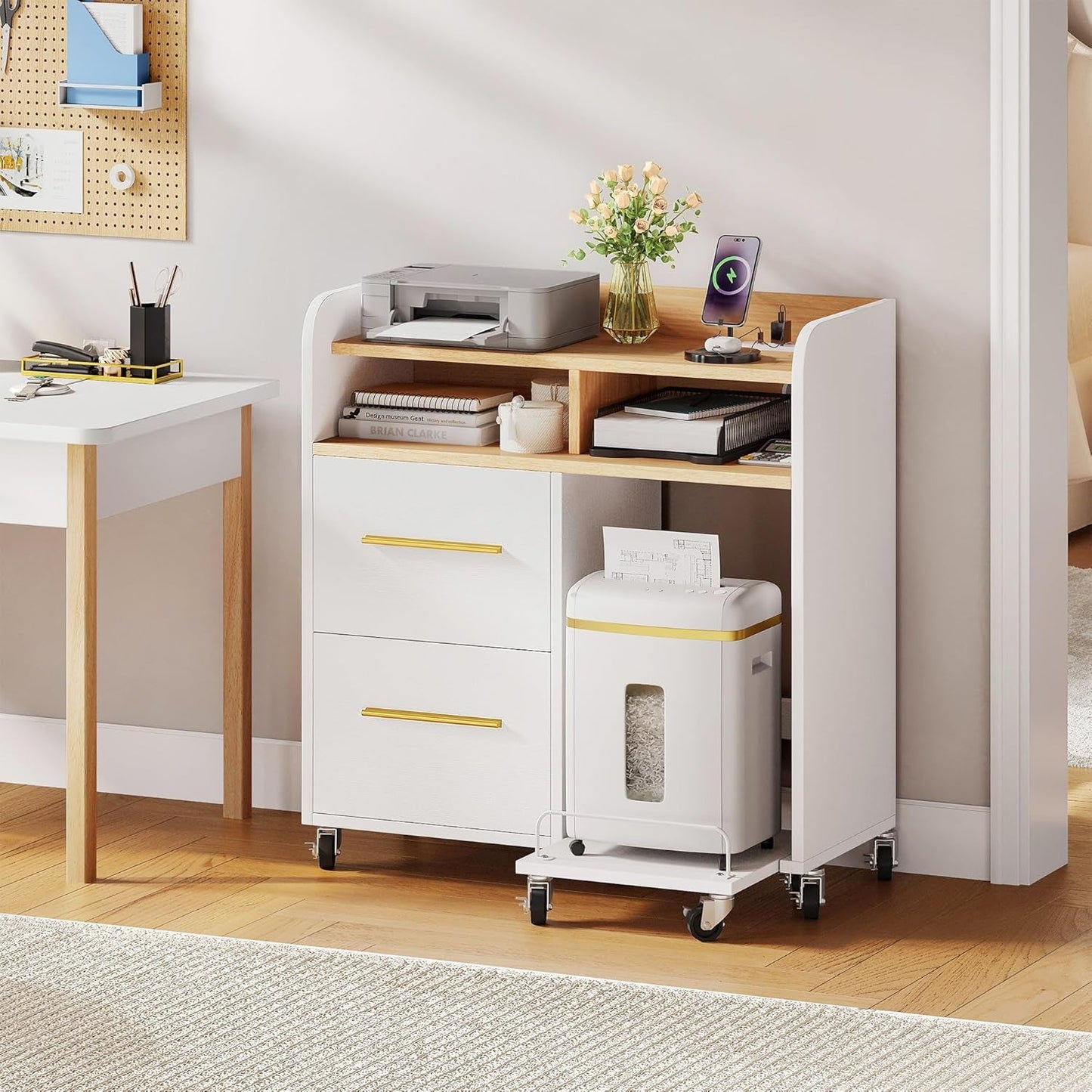 File Cabinet with Charging Station, 2 Drawer Lateral Filing Cabinet, Printer Stand with Open Storage Shelf for Home Office, White-0