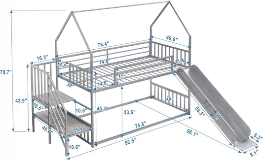 Twin over Twin Bunk Bed with Slide and Storage Stairs, Heavy Duty Bunk Bed/House Bunk Bed Twin over Twin, Twin Floor Bunk Beds for Kids, Girls, Boys(Twin over Twin Sliver)-1