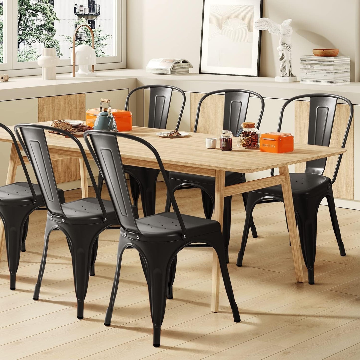 Metal Dining Chair Indoor-Outdoor Use Stackable Classic Trattoria Chair Chic Dining Bistro Cafe Side Metal Chairs Set of 4 (Black)-4