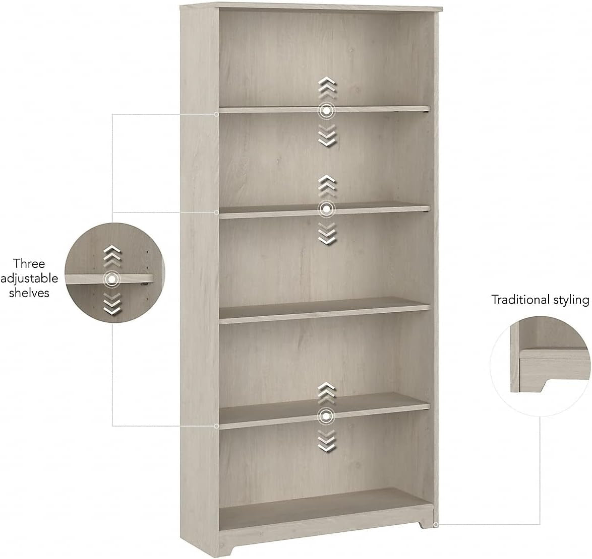Bush Furniture Cabot Tall 5 Shelf Bookcase | Large Open Bookshelf in Linen White Oak | Sturdy Display Cabinet for Library, Living Room, and Home Office-3