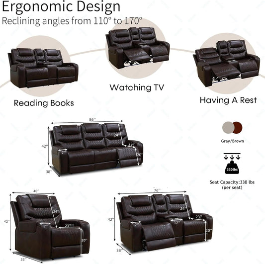 Living Room Furniture Set, Power Reclining Sofa Set, Air Leather Recliners with Built-In USB Ports and Storage Console, LED Reclining Couch Set for Living Room (Wine, Sofa Loveseat Chair)-1