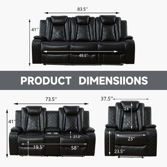 Power Reclining Sofa Set, Living Room Furniture Set with USB Ports, Leather Recliner Couches Set for Living Room/Apartment/Office/Home Theather (Black, Sofa+Loveseat+Chair)-1
