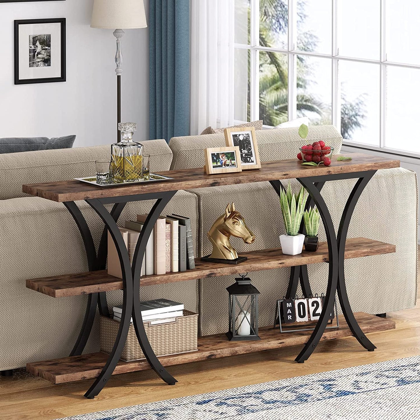 Narrow Console Table with 3 Shelves (Brown)-3