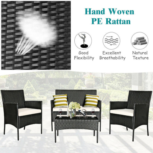 4 Pieces Patio Rattan Cushioned Sofa Set with Tempered Glass Coffee Table-1