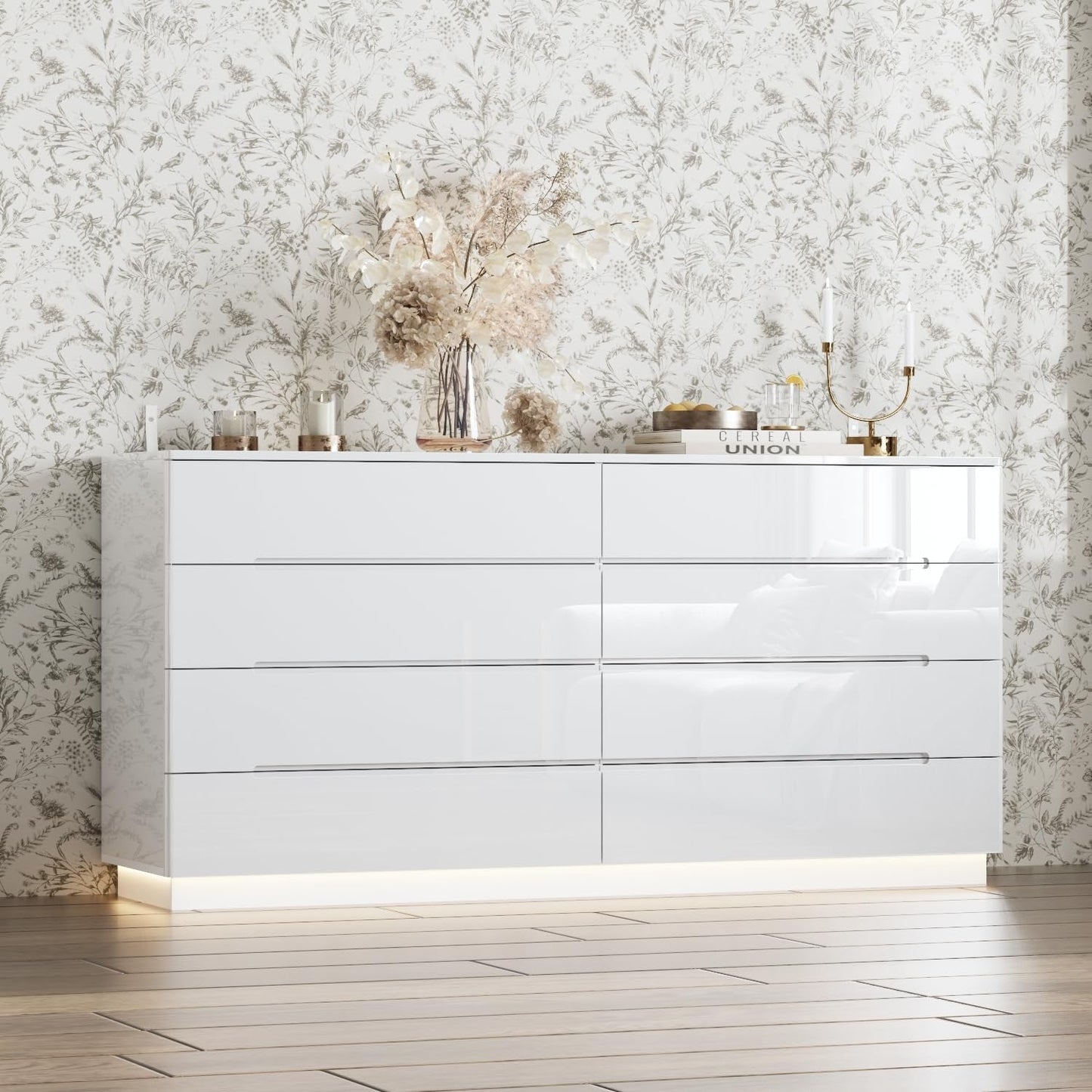 White Drawer Dresser with LED Light, Modern High Gloss Dresser with 8 Drawers, 63" Long Dresser Double Dresser Storage Chest of Drawer for Bedroom, Living Room, Entryway-0