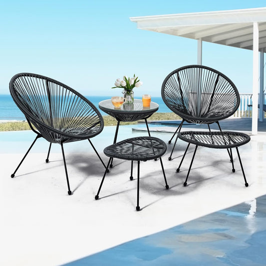 5 Piece Acapulco Chair Set, Outdoor Acapulco Chairs, Oval Furniture Set, Woven Patio Bistro Set, Balcony Table and Chairs with Footrest, Black-1
