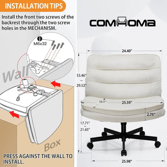 Criss Cross Chair with Wheels, Armless Wide Cross Legged Office Chair Mid Back, Modern Home Office Desk Chair Swivel Adjustable Vanity Computer Chair, Beige Velvet-1