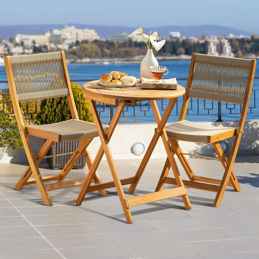 Wood Rope Design Heavy Duty 400Lbs Capacity Patio Bistro Set 3 Piece Outdoor, Folding Chairs with Elegant-1