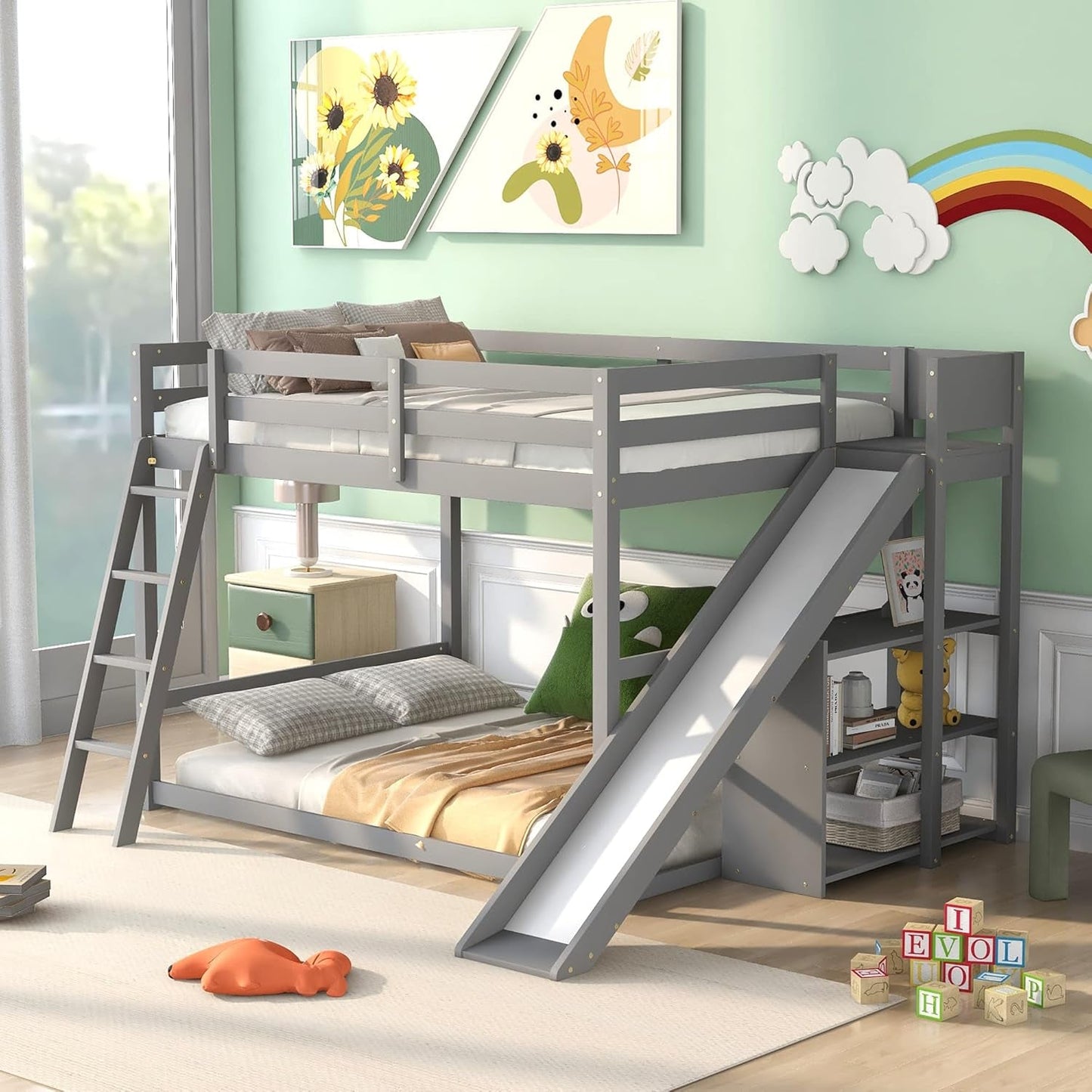 Full over Full Bunk Bed with Slide, Bookshelves and Ladders, Solid Wood Floor Bunk Loft Bed Frame for Kids Girls Boys (Gray)-2