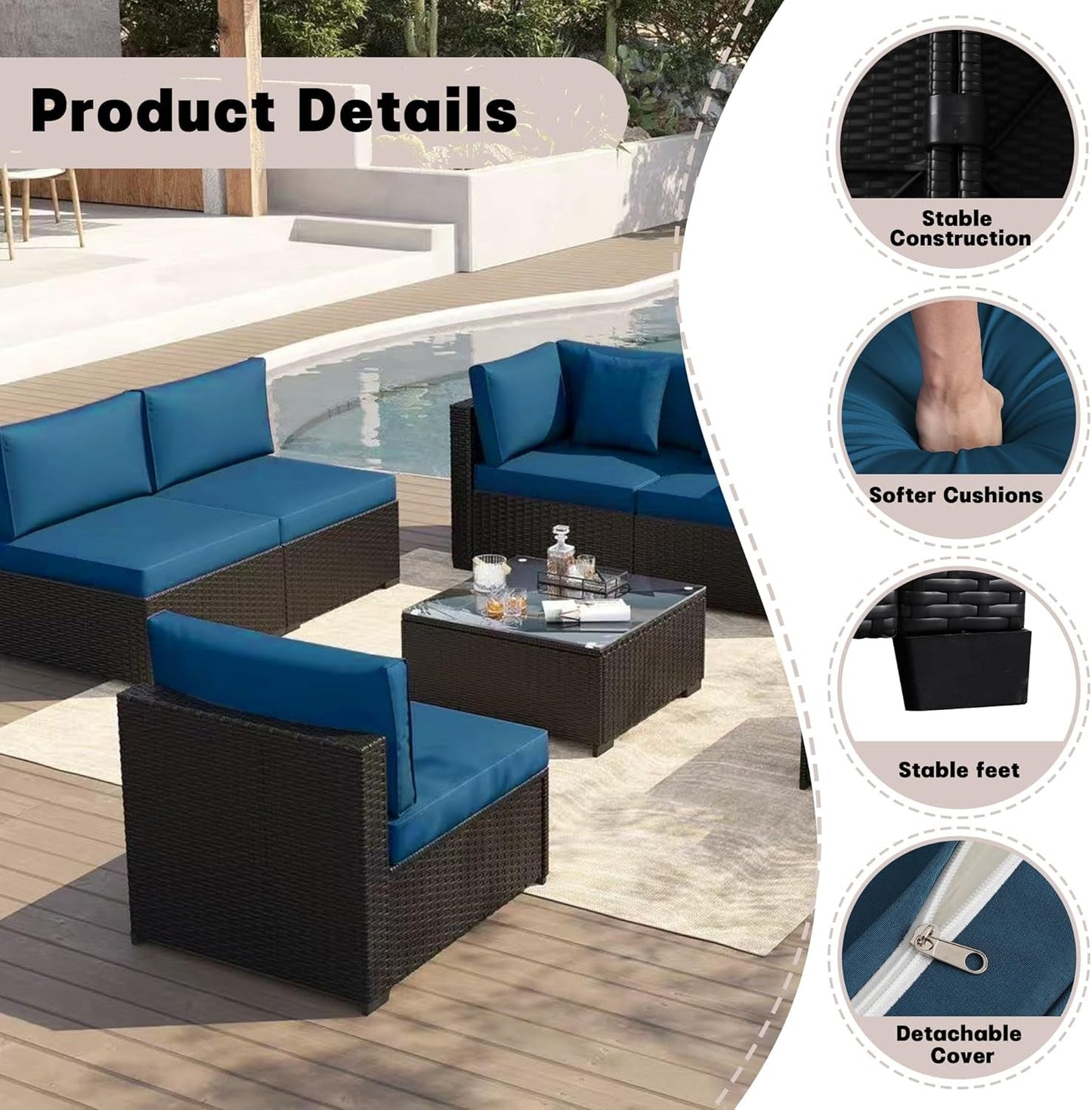 7 Pieces Patio Furniture Sets, Outdoor Furniture Patio Conversation Set, All Weather PE Rattan Sectional Sofa with Cushions and Glass Table (Coffee-Peacock Blue,7 Pieces-S)-4