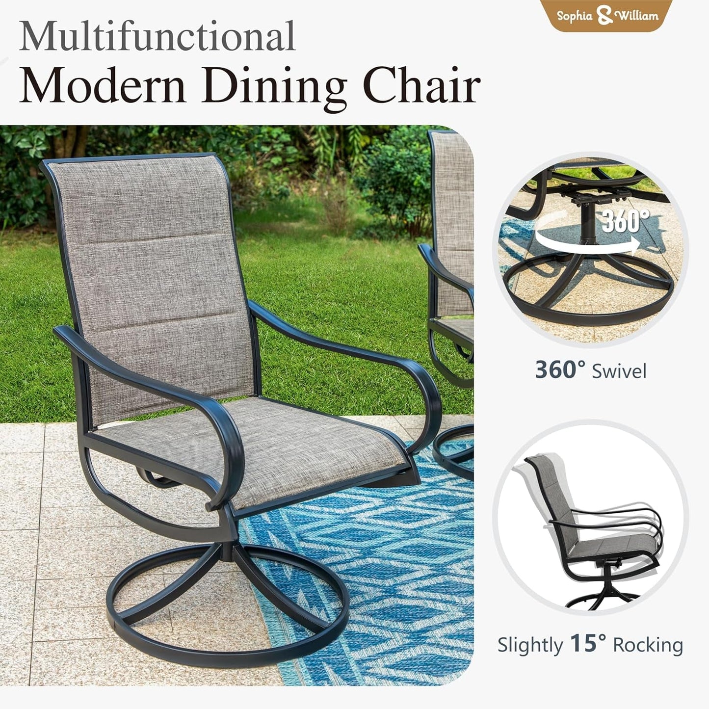 Patio Furniture Set Large Square Dining Table for 8 with Swivel Chairs Padded Textilene 9 Pieces Outdoor & Lawn Garden All Weather, Grayish Brown-Padded Textilene, 60''-2