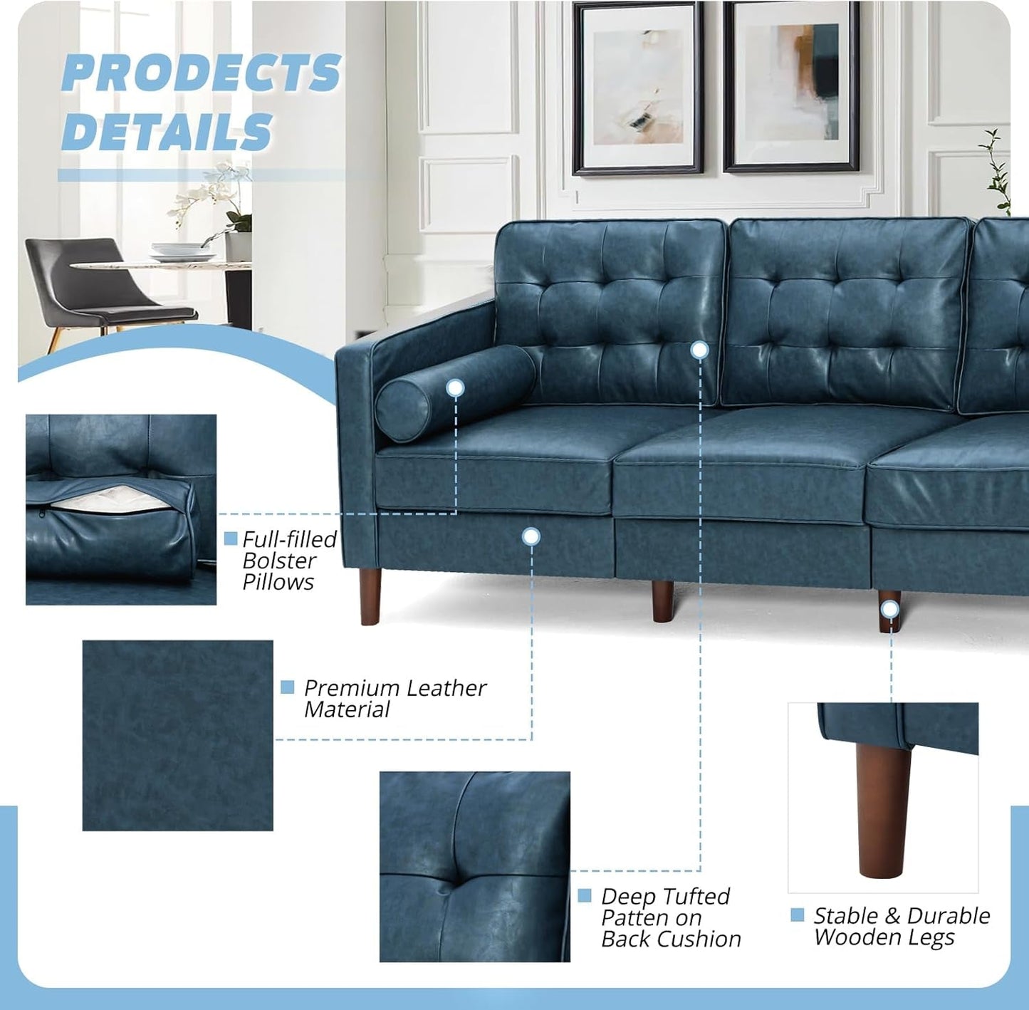 2 Pieces Faux Leather Couch Set, Upholstered 3 Seat & Loveseat Sofa with Bolster Pillows, Mid Century Modern Couch Set with Wooden Legs for Living Room, Bedroom, Office. Blue-3