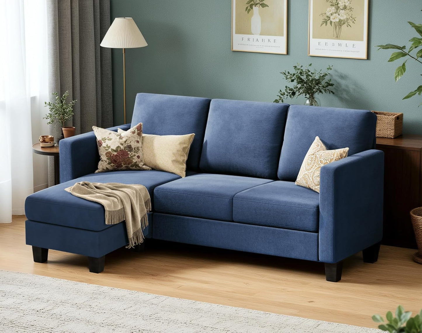 Convertible Sectional Sofa Couch, 3 Seat L-Shaped Sofa with Linen Fabric Ottoman Small Couch for Small Apartments, Living Room and Office (Linen Fabric, Blue)-3