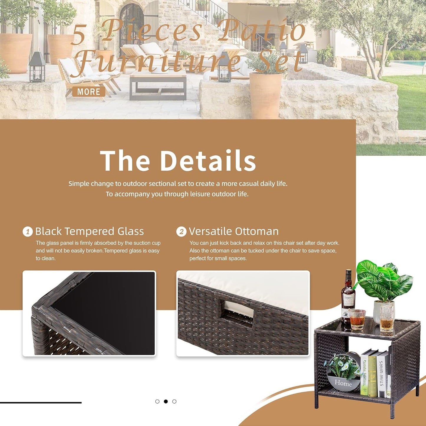 5 Pieces Outdoor Wicker Patio Furniture Set,All Weather PE Rattan Conversation Set with Cushioned Patio Lounge Chairs, Ottoman underneath Set, Table for Lawn, Pool, Balcony-4